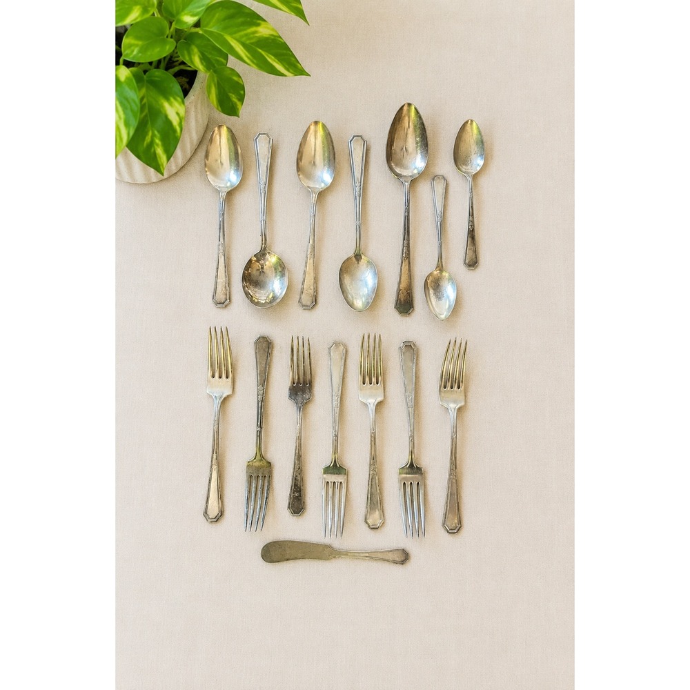 Vintage Mayfair 1923 Silver Plate Flatware Set 14 Piece Art Deco Silverware Fork
